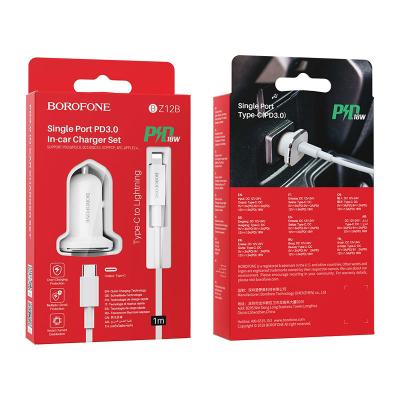 Зарядное устройство авто. BOROFONE BZ12B 3A PD + кабель Type-C/Lightning