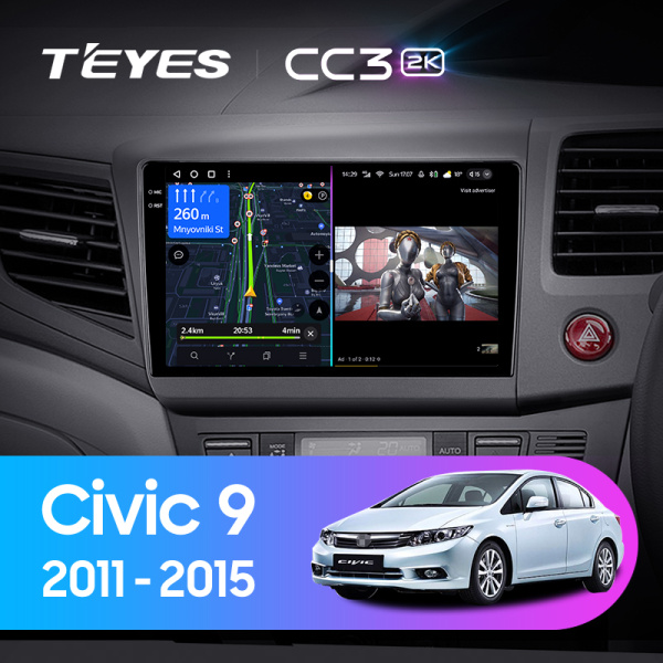 Штатная магнитола Teyes CC3-2K 4+32G для Civic 9 2011-2015 (Правый руль)