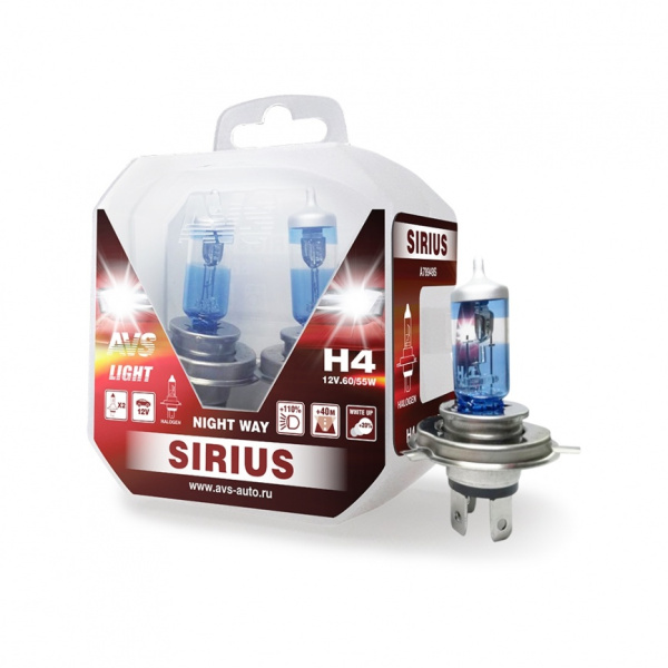 Лампа галоген AVS H4 12V60/55W SIRIUS/NIGHT WAY/ PB 2шт (комплект)