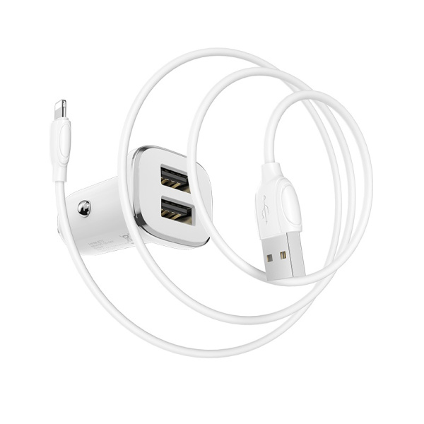 Зарядное устройство авто. BOROFONE BZ12 2.4A 2*USB + кабель Lightning